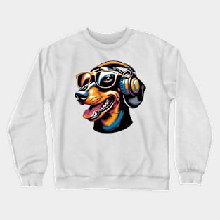 Dachshund Smiling DJ with Headphones and Sunglasses Crewneck Sweatshirt